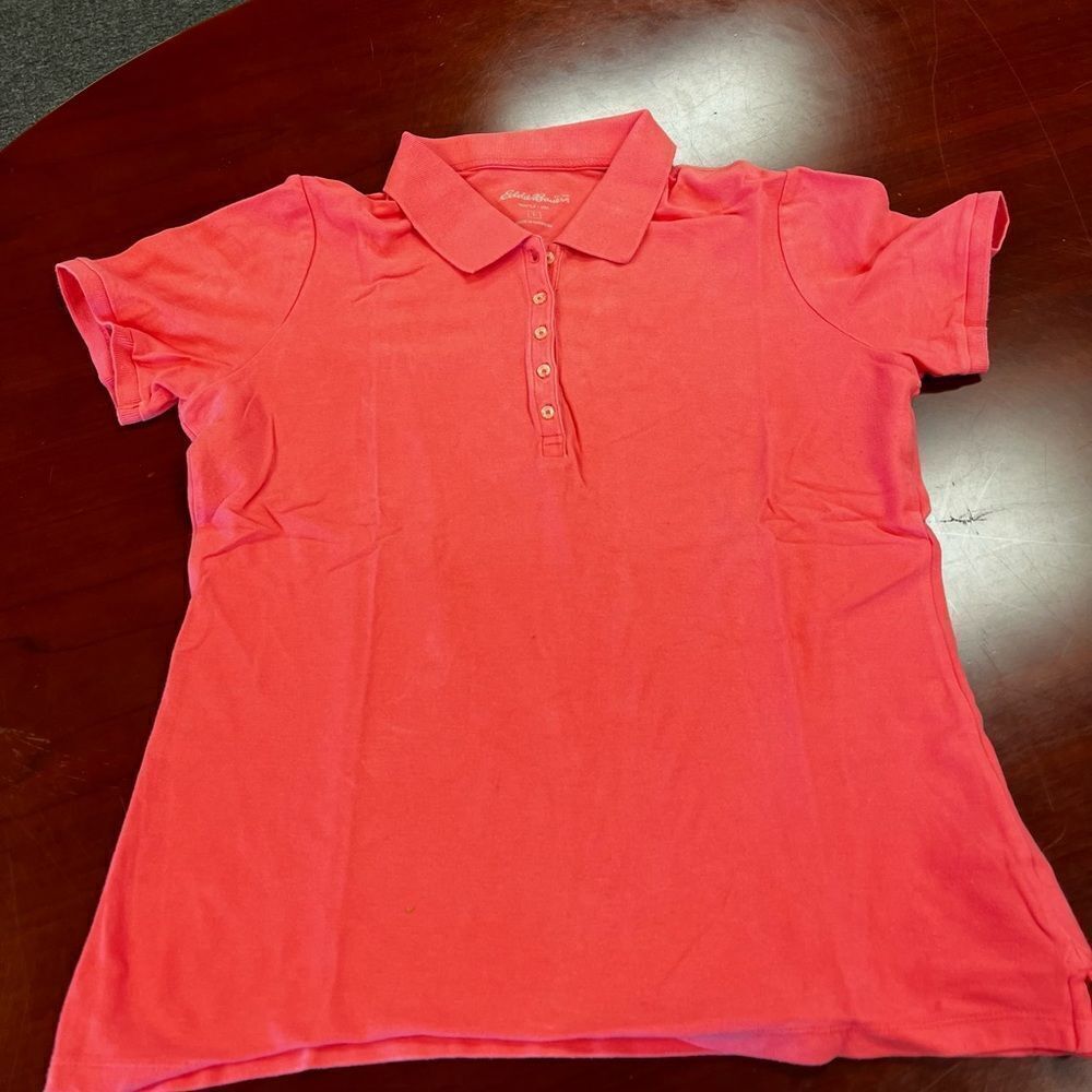Eddie Bauer Pink Multi  Button Ladies Polo Shirt sz L